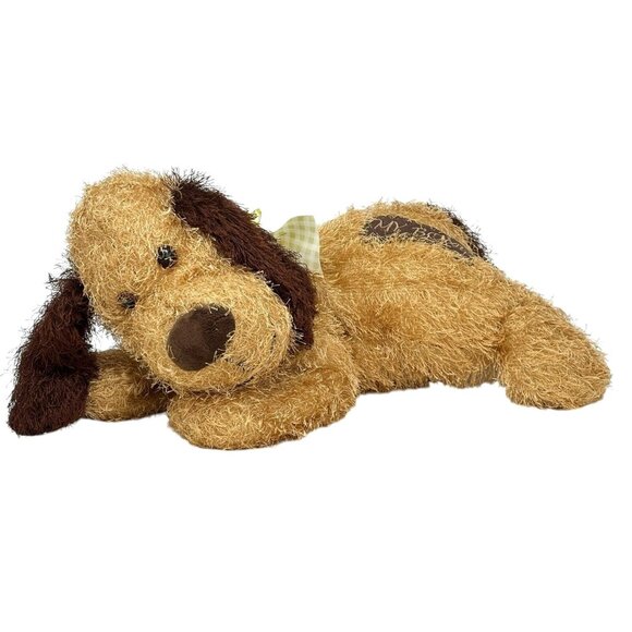 WALMART Brown Puppy Dog Vintage 20" Plush My Bone Shaggy Wiry Green Gingham Bow - Picture 1 of 8